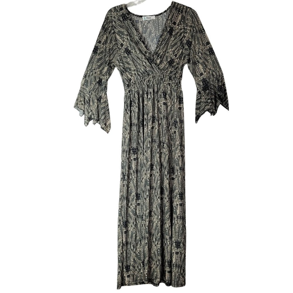 Lapogee Maxi Dress Womens S Boho V Neck 3/4 Sleeve Hippie Festival Black Tan NWT